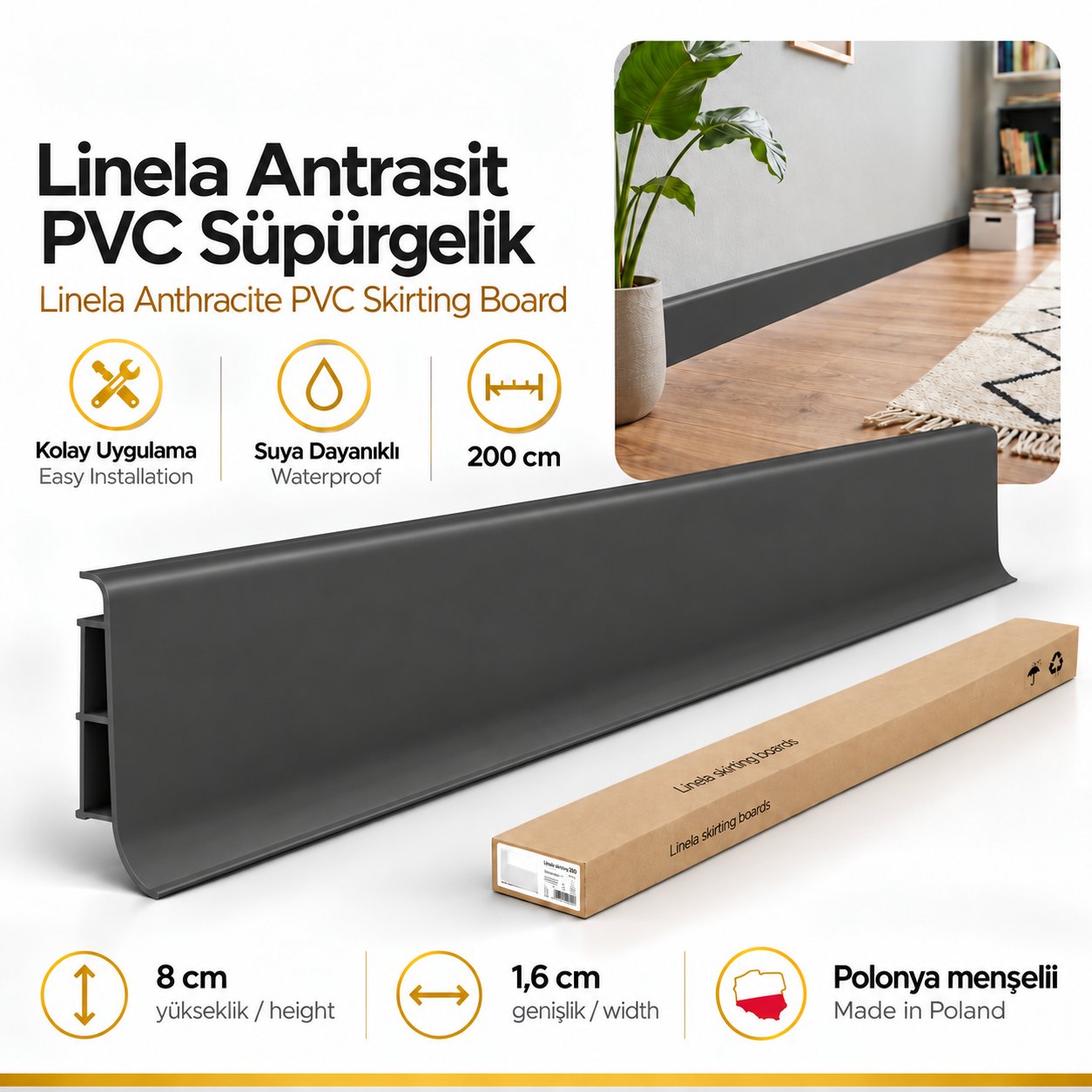 Linela Antrasit PVC Süpürgelik 8 cm x 200 cm – %100 Suya Dayanıklı, Yapıştırma ile Kolay Monta - 1