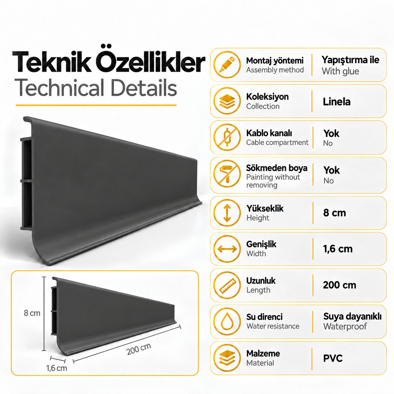 Linela Antrasit PVC Süpürgelik 8 cm x 200 cm – %100 Suya Dayanıklı, Yapıştırma ile Kolay Monta - 2