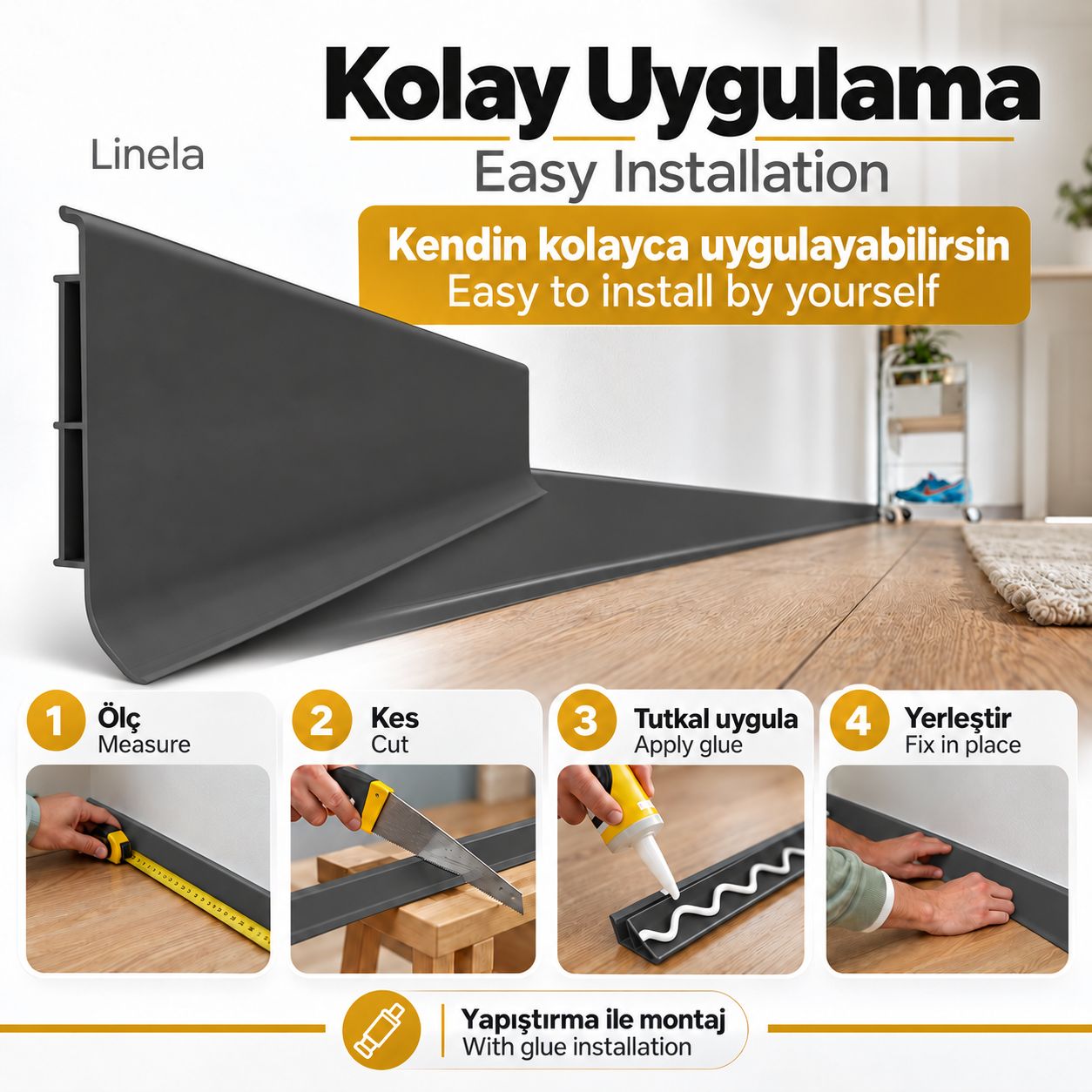 Linela Antrasit PVC Süpürgelik 8 cm x 200 cm – %100 Suya Dayanıklı, Yapıştırma ile Kolay Monta - 3