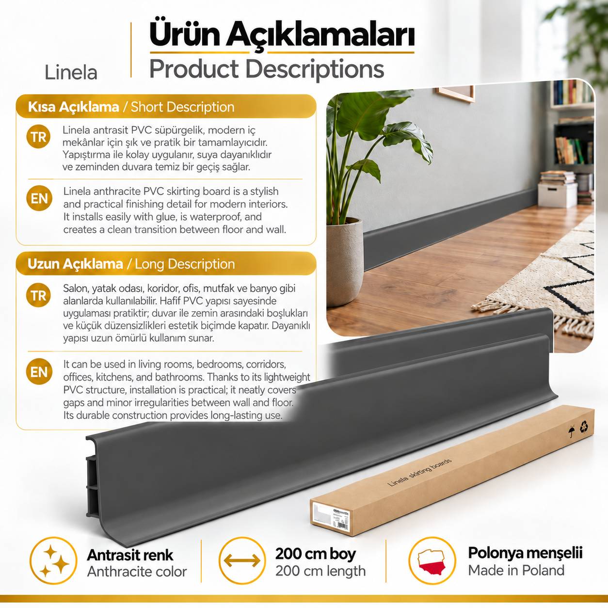 Linela Antrasit PVC Süpürgelik 8 cm x 200 cm – %100 Suya Dayanıklı, Yapıştırma ile Kolay Monta - 4