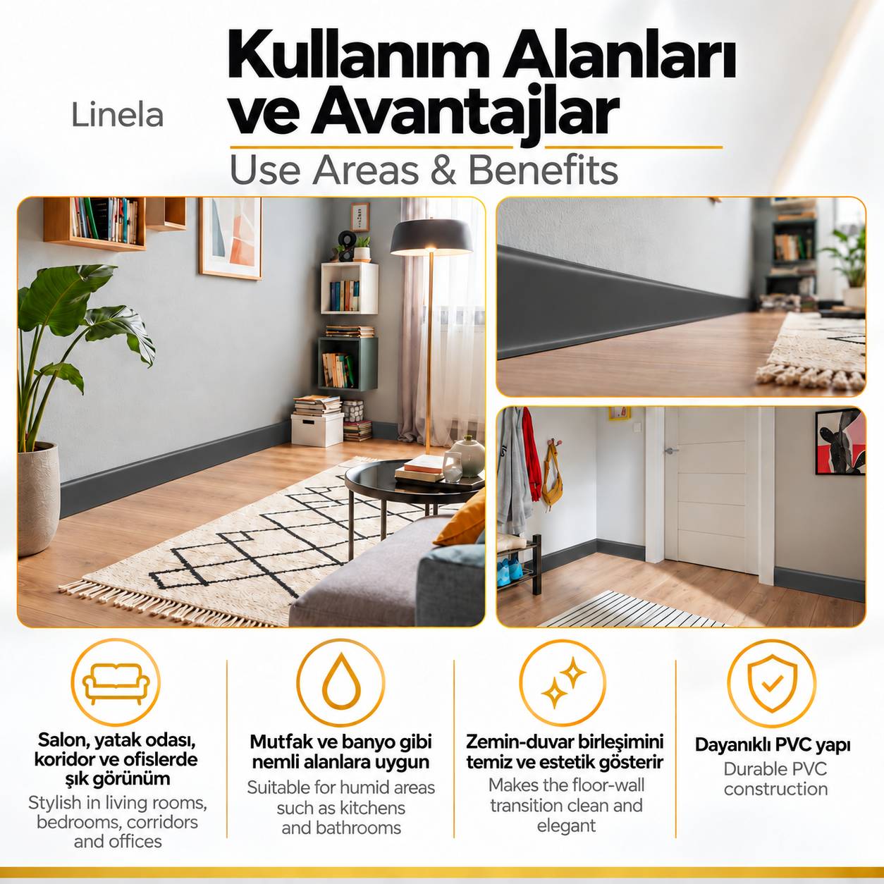 Linela Antrasit PVC Süpürgelik 8 cm x 200 cm – %100 Suya Dayanıklı, Yapıştırma ile Kolay Monta - 5